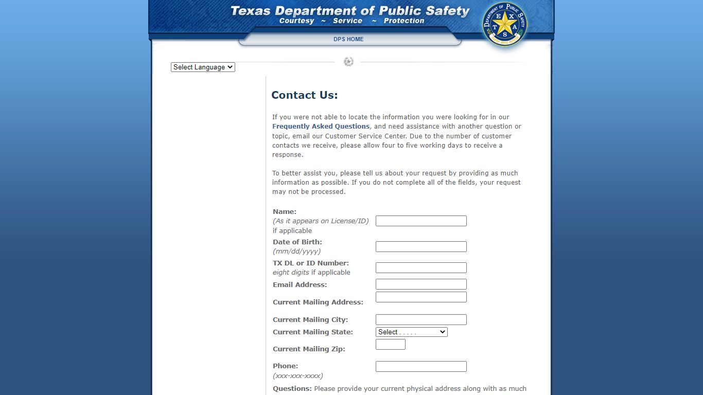Contact Us: - Texas Department of Public Safety